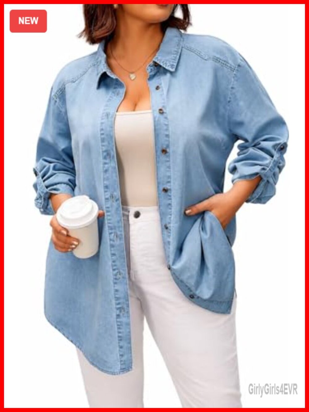 Plus Size Denim Blouse Long Sleeve Roll Tab Button Down Shirt